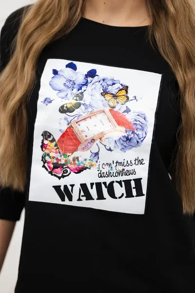 Blouse with 3D Watch graphics black