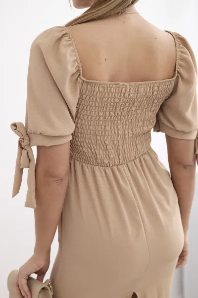 Women's dress gathered at the back with tied sleeves - camel