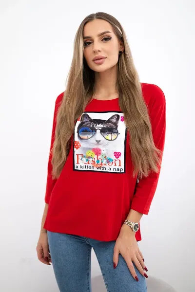 Blouse with cat graphics 3D red