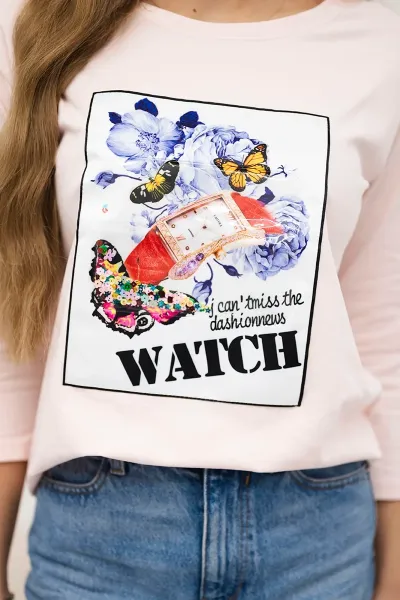 Blouse with graphics 3D Watch powder pink