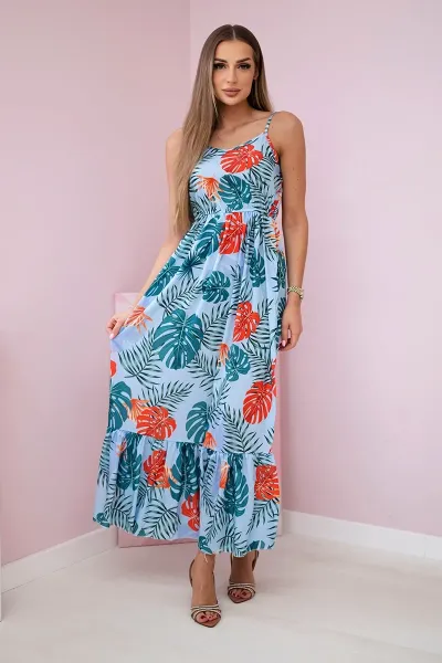 Dress with a leaf motif of azure color
