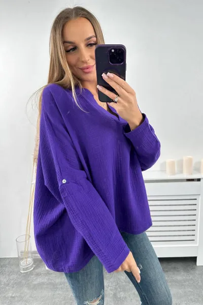 Cotton blouse with rolled up sleeves in dark purple color