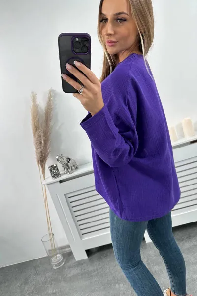 Cotton blouse with rolled up sleeves in dark purple color