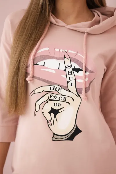 Dress with a long back and a colorful print in dark powder pink