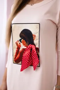 Dress with graphics and bow in polka dot 3D powder pink