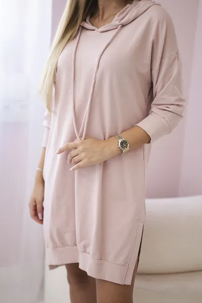 Hooded dress with a long back in dark powder pink