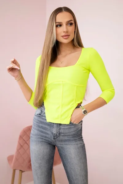 Ribbed blouse with a yellow neon neckline