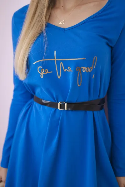 Dress with decorative belt and mauve-blue inscription