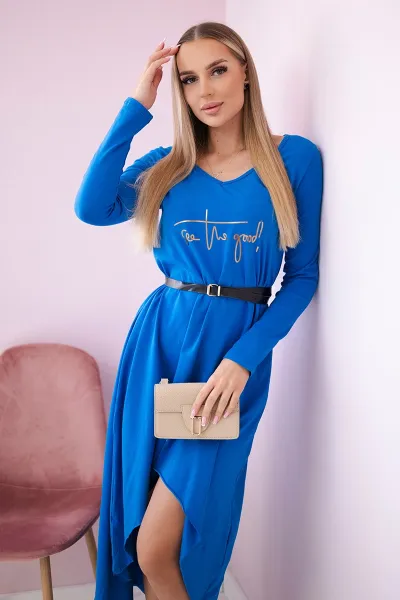 Dress with decorative belt and mauve-blue inscription