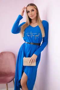 Dress with decorative belt and mauve-blue inscription