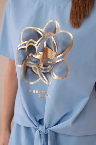 Women's set T-shirt with print + shorts - light blue
