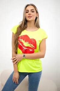 Lip print blouse yellow neon+red