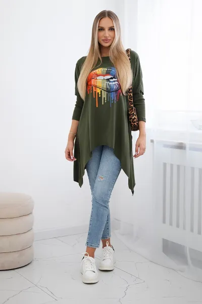 Oversized blouse with khaki rainbow lip print