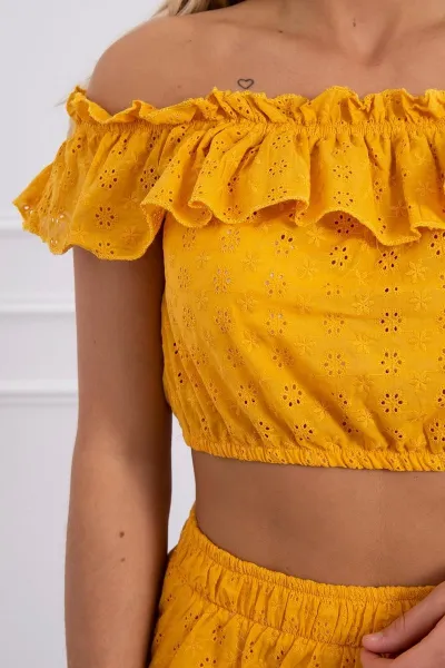 Embroidered mustard set without shoulders