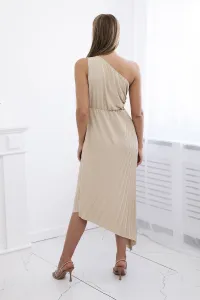 Women's pleated dress with flowers - light beige