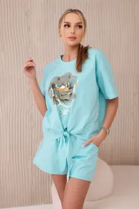 Women's set T-shirt with print + shorts - mint