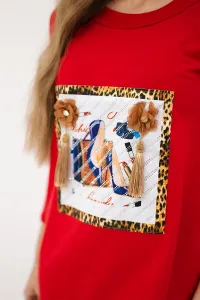 Dress with 3D graphics and decorative pom pom red
