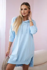 Dress with a hood and a longer back in azure color