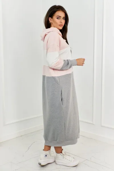 Three-color hooded dress powder pink + ecru + gray