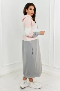 Three-color hooded dress powder pink + ecru + gray
