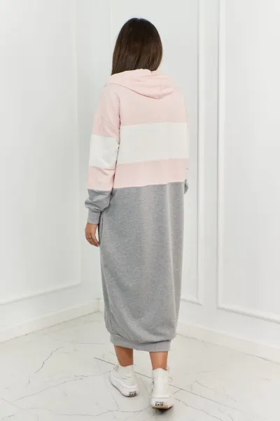 Three-color hooded dress powder pink + ecru + gray