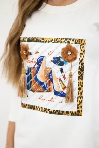 Dress with 3D graphics and decorative pom pom ecru
