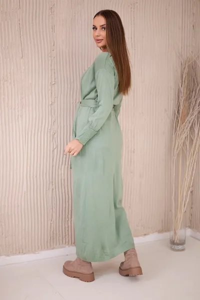 Long sweater with waist tie dark mint