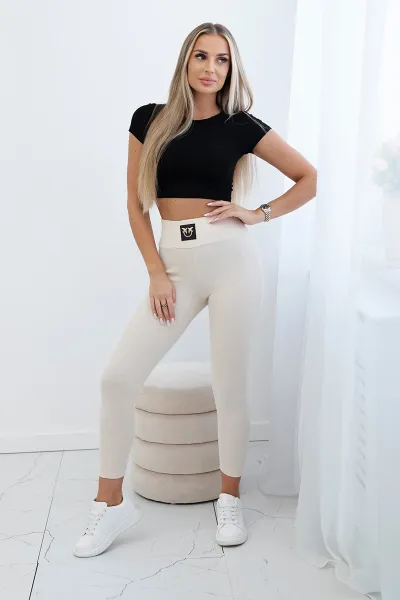 Ribbed leggings with high waist light beige