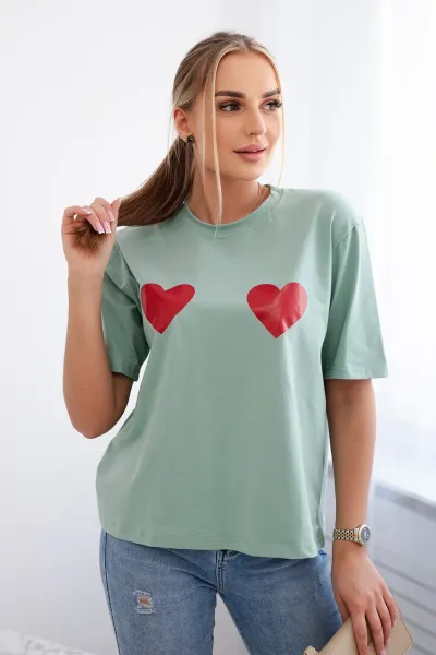 Cotton blouse with heart print dark mint