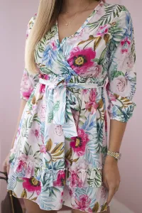 Floral dress with waist tie ecru