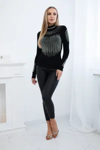 Knitted blouse with turtleneck and cubic zirconia motif black