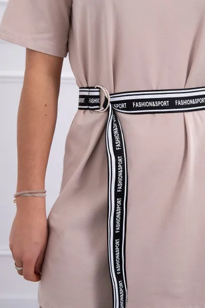 Dress with decorative belt in beige color