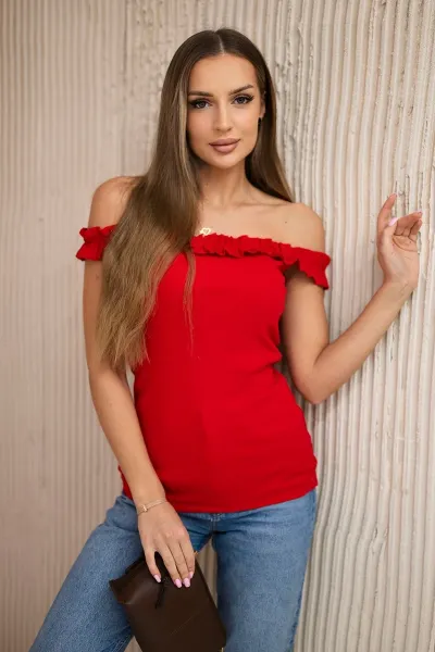 Red blouse with ruffles over the shoulder