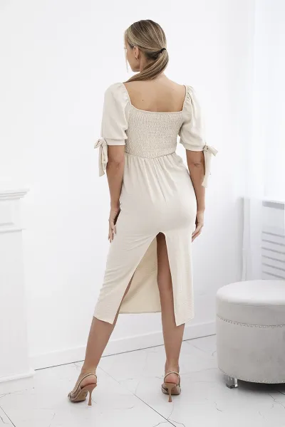 Women's dress gathered at the back with tie-up sleeves - beige
