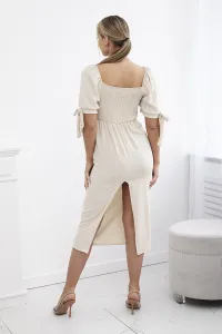 Women's dress gathered at the back with tie-up sleeves - beige