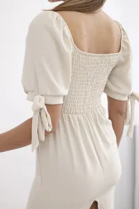 Women's dress gathered at the back with tie-up sleeves - beige