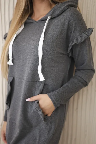 Dress with decorative ruffles and a graphite hood
