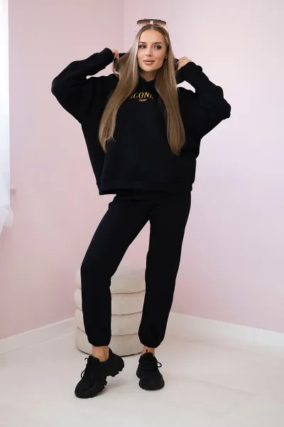 Insulated cotton set, sweatshirt with embroidery + black trousers