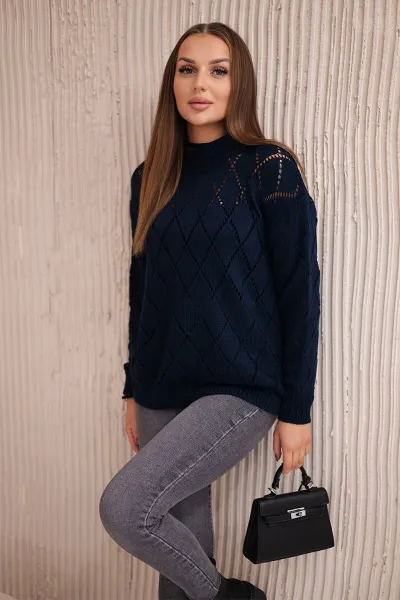High-neckline sweater with diamond pattern navy blue