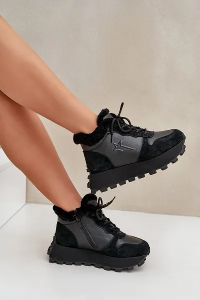 BIG STAR SHOES Kožené Sneakersy Čižmy Dámske S Kožušinou Na Platforme Big Star