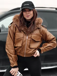 Dámska kožená bunda s kapucňou a kožušinou