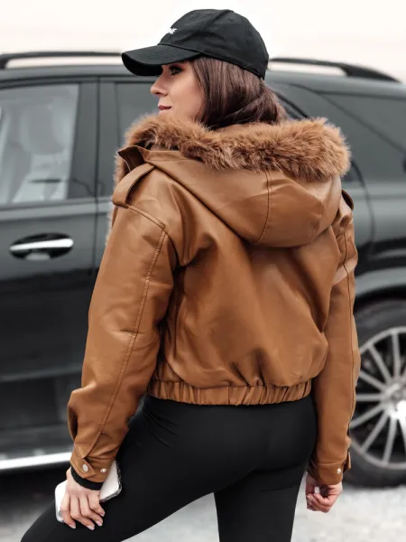 Dámska kožená bunda s kapucňou a kožušinou