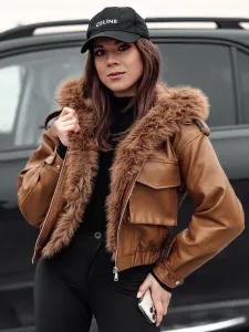 Dámska kožená bunda s kapucňou a kožušinou