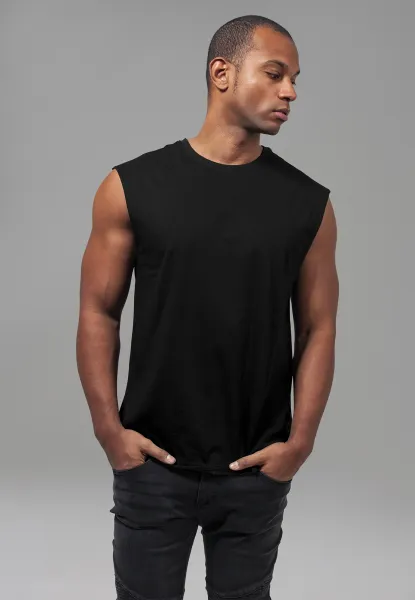 Black sleeveless t-shirt with open brim