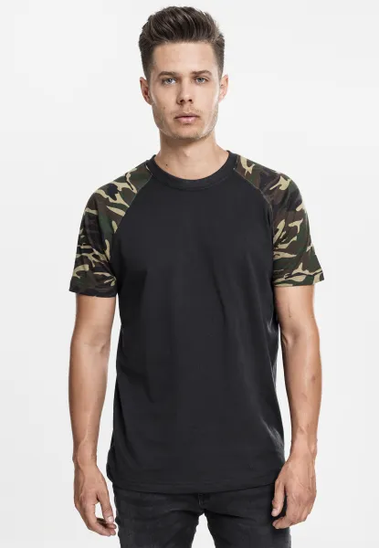 Raglan tričko s kontrastnými čiernymi/woodcamo rukávmi