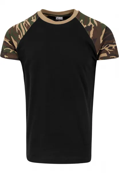 Raglan tričko s kontrastnými čiernymi/woodcamo rukávmi