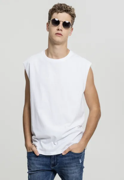 White sleeveless T-shirt with open hem