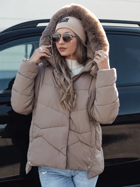 Kurtka damska zimowa FIXMIX pikowana z kapturem ciemnobeżowa Dstreet