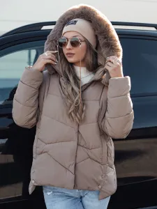 Kurtka damska zimowa FIXMIX pikowana z kapturem ciemnobeżowa Dstreet