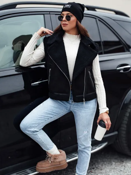 Women's suede vest with fur WOOLZIP black Dstreet